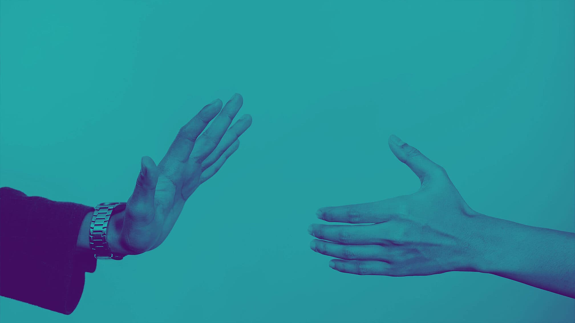Stylized image of two hands, one reaching out for a handshake and the other refusing.